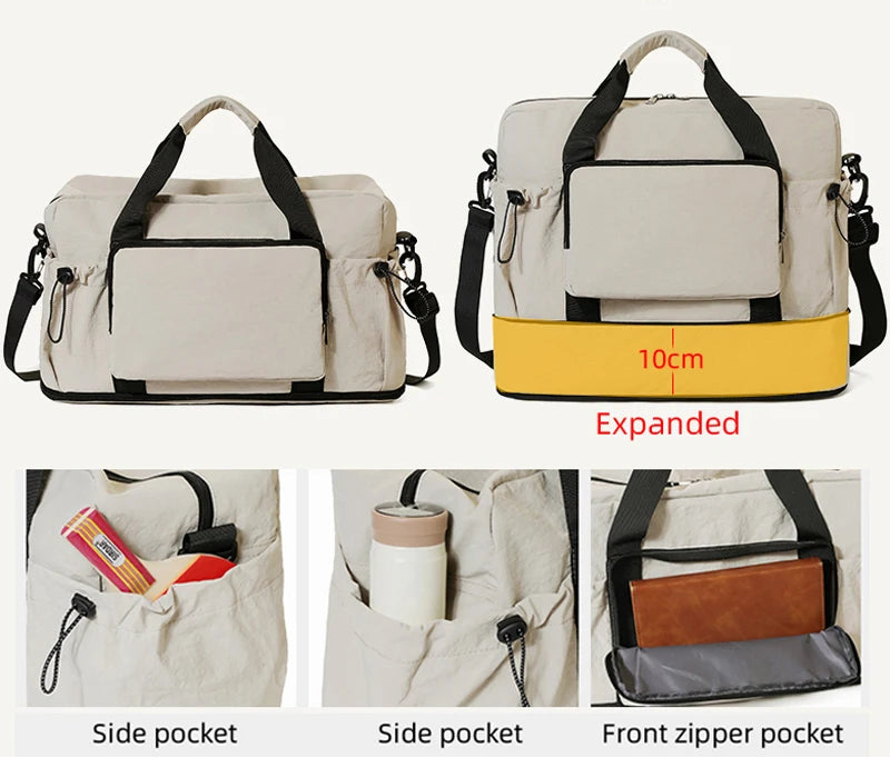 Multifunctional bag with expandable design, side pockets, and front zipper pocket.