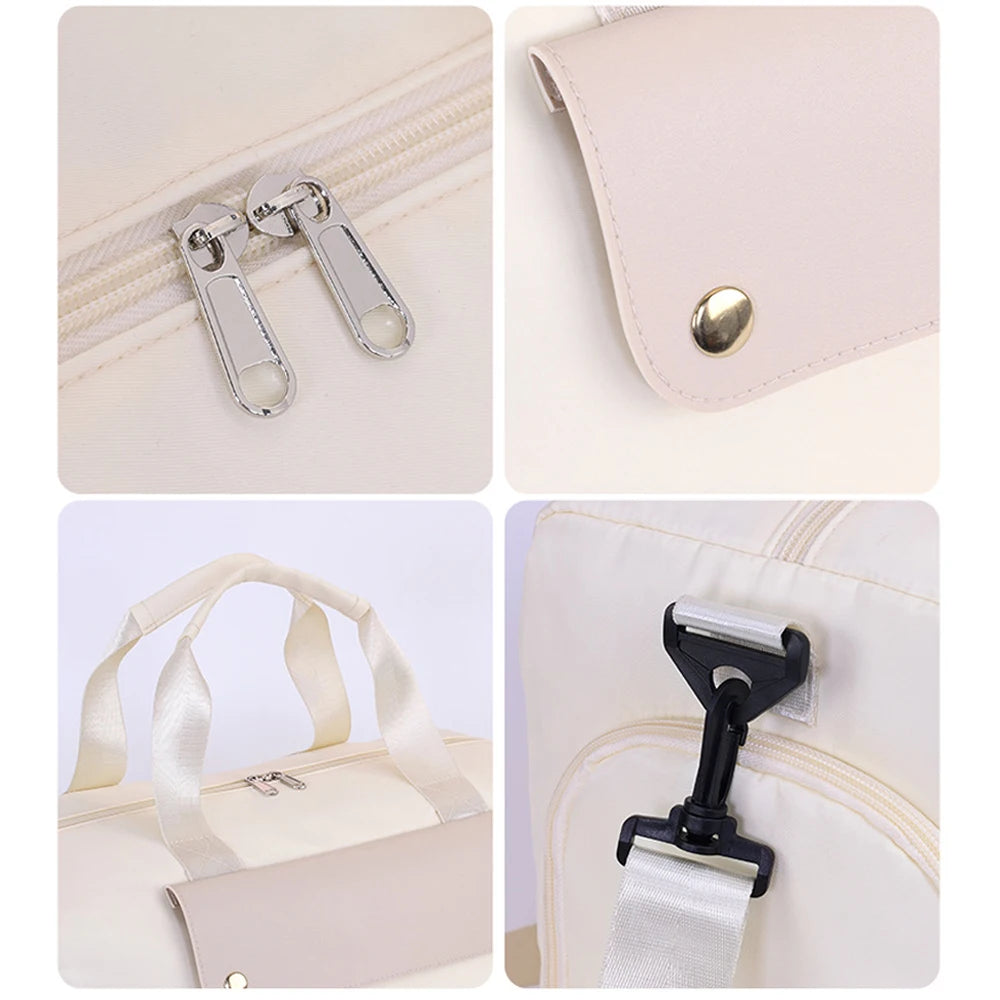 Collage of close-up details of a beige bag including zipper, handle, and strap.