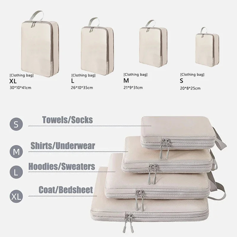 Set of beige clothing bags with size labels and usage instructions on a white background