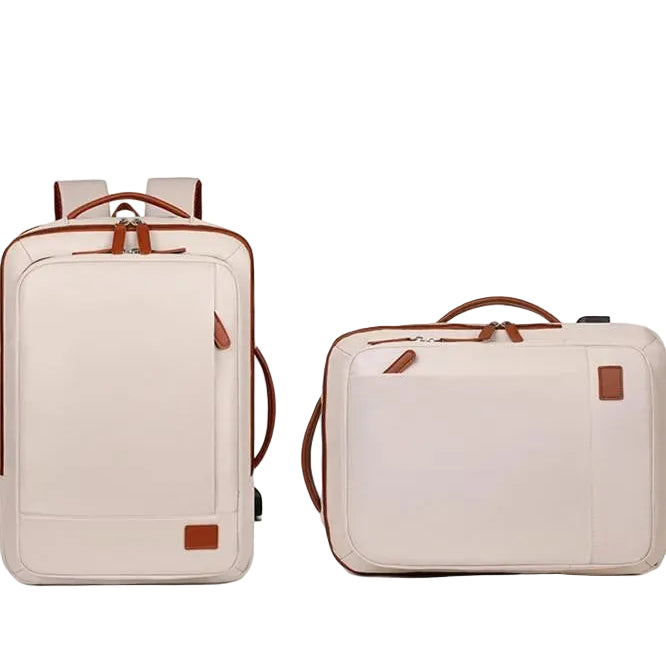 Beige suitcase transforming into a horizontal handbag with text explaining its features.