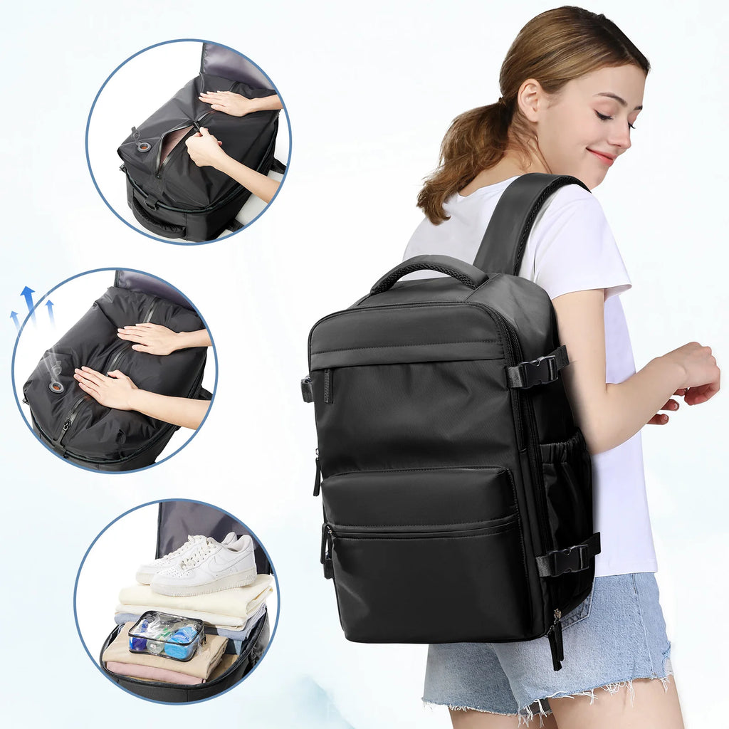 Woman wearing a black backpack with inset images showing its features.