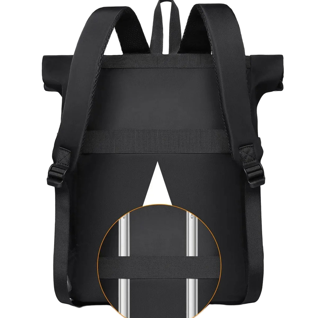 Black backpack with a circular design on a white background