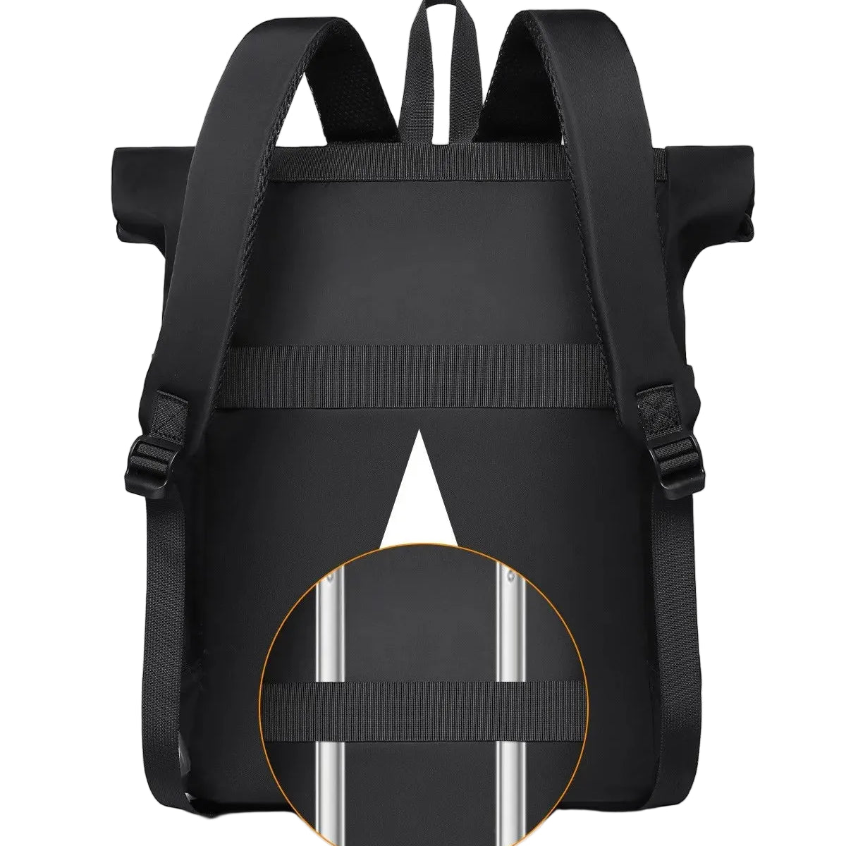 Black backpack with a circular design on a white background