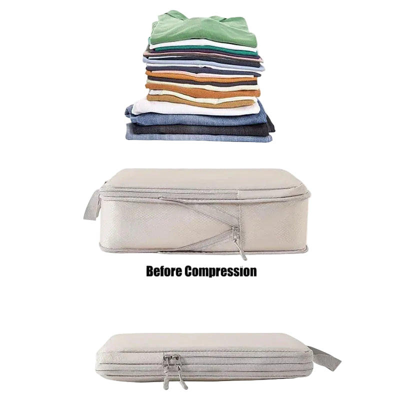 Compression bag with folded clothes before and after compression on a white background