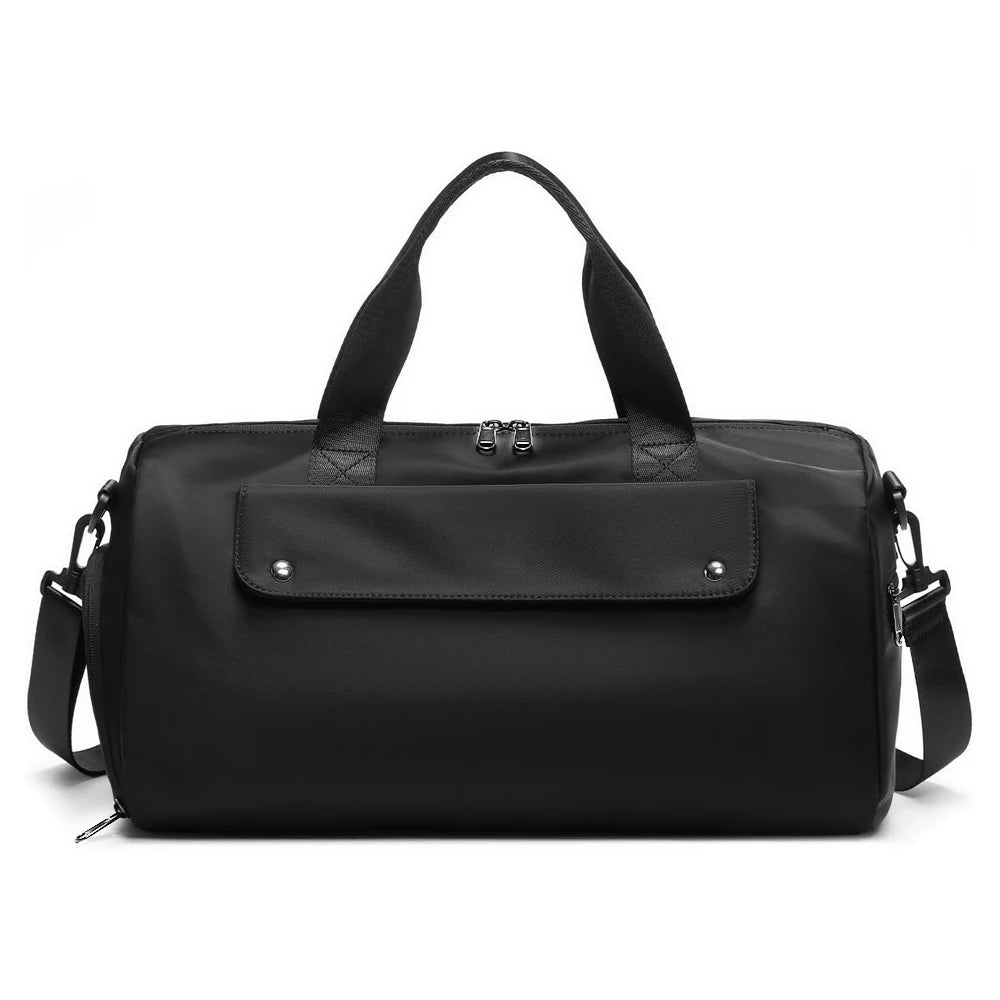 Black duffel bag with shoulder strap on a white background