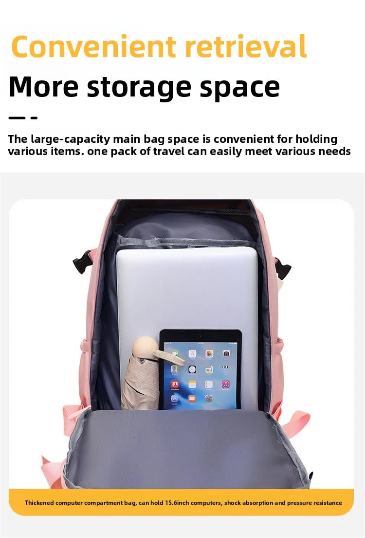Backpack with a large compartment holding a tablet and other items, with text about storage capacity.