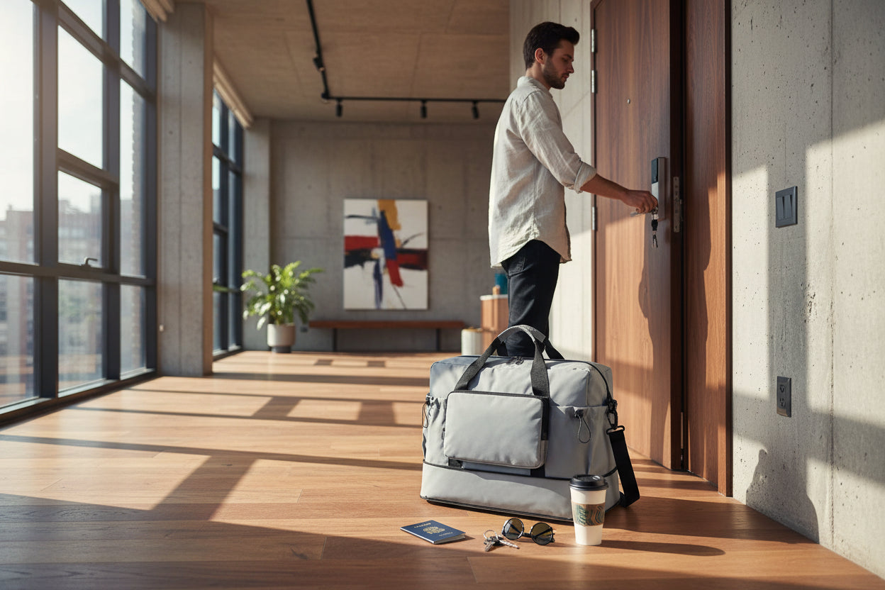 Light blue bag with black straps on a white background