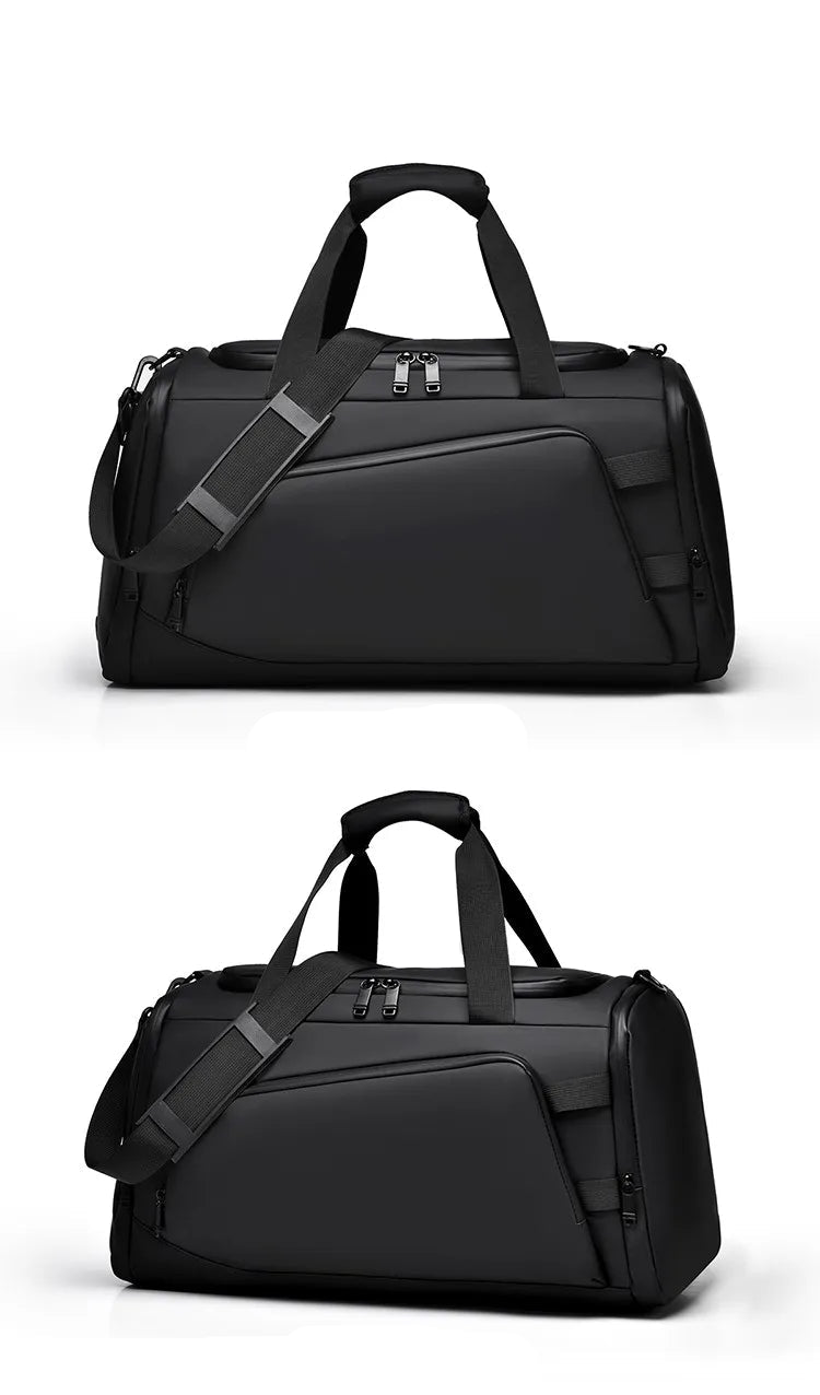 Black duffel bag shown from front and side views on a white background