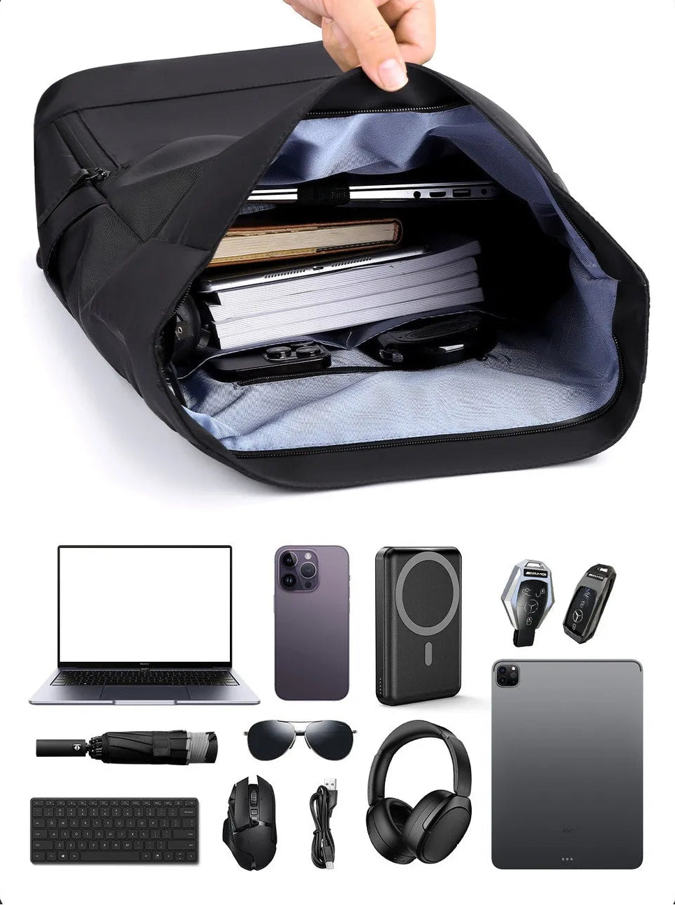 Black backpack with compartments holding electronic devices and office supplies, with text about storage needs.