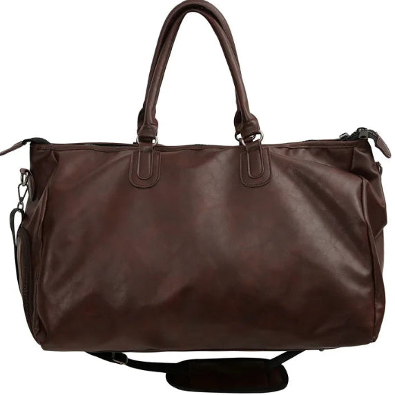 Brown leather duffel bag on a white background