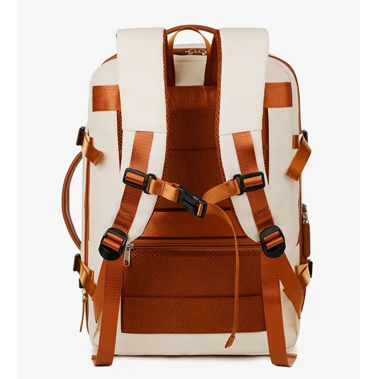 Backpack with brown straps and accents on a white background