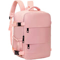 Pink backpack with black buckles on a white background
