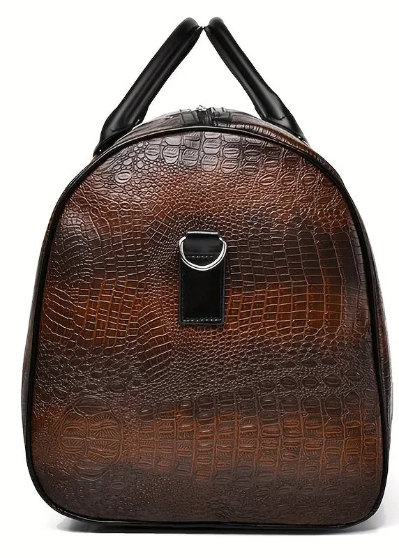 Brown crocodile-patterned backpack with black straps on a white background