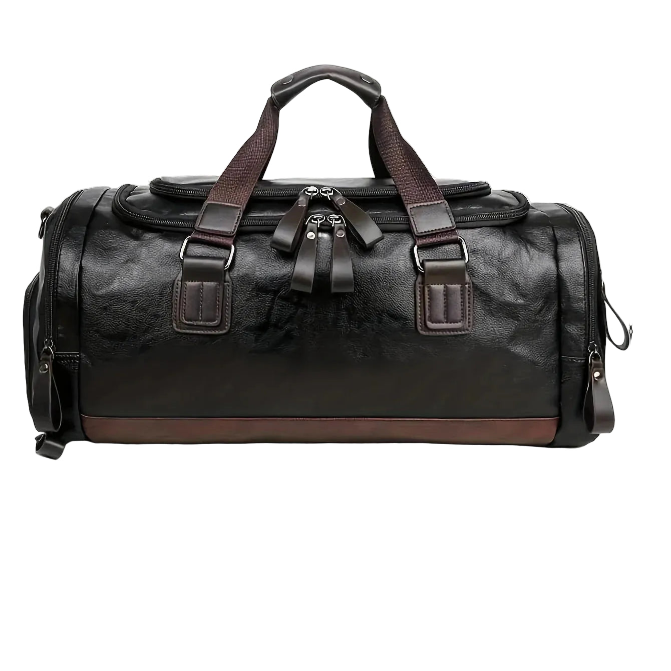 Black duffel bag with brown accents and measurements on a white background