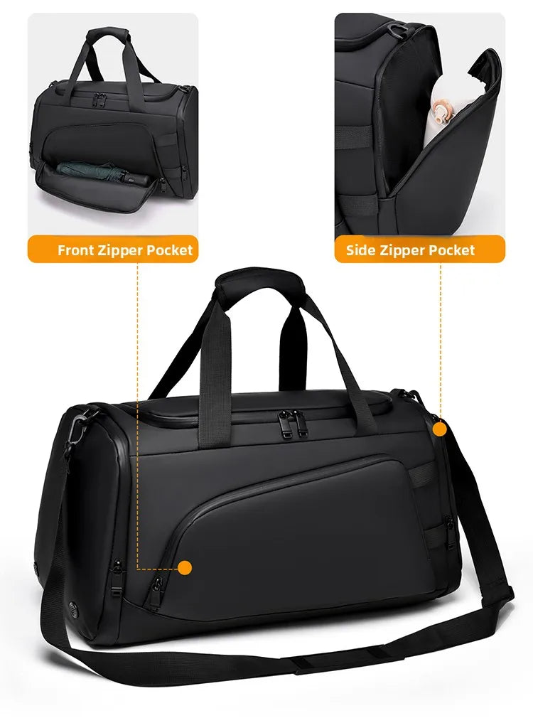 Black duffel bag with front and side zipper pockets on a white background