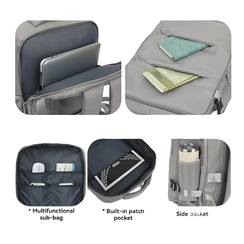 Gray computer bag with various compartments and features on a light gray background