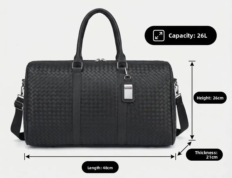 Black woven duffel bag with measurements and capacity details on a light gray background