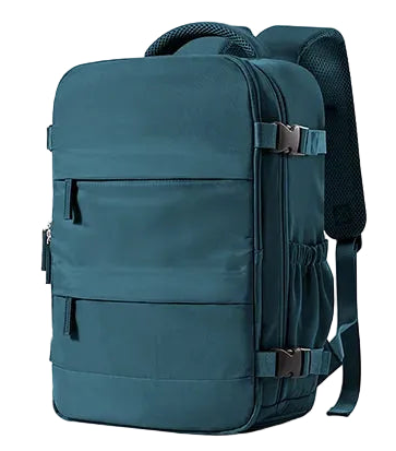 Teal backpack with multiple straps and zippers on a white background
