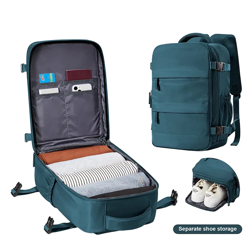 Teal travel backpack with open compartment showing organized items on a white background.