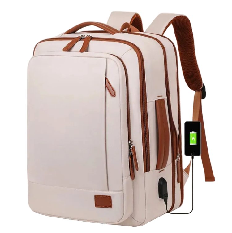 White backpack with brown accents and USB port on a white background