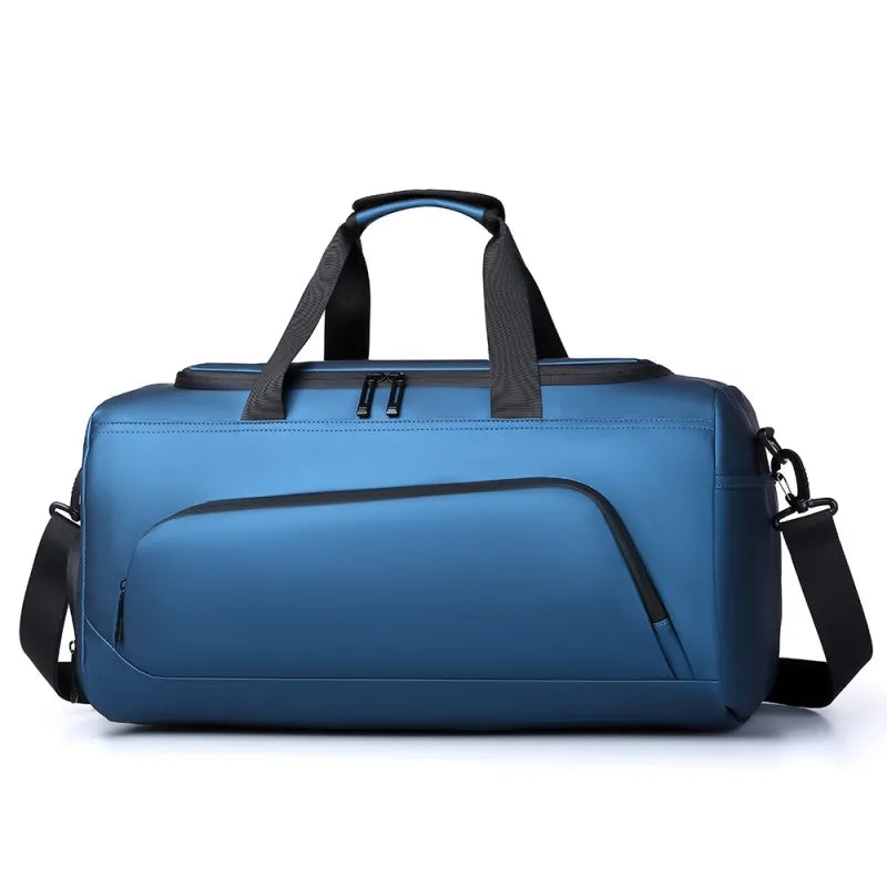 Blue duffel bag with black straps on a white background