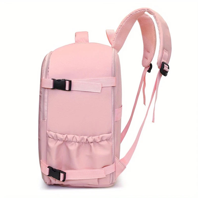 Pink backpack with black straps on a white background