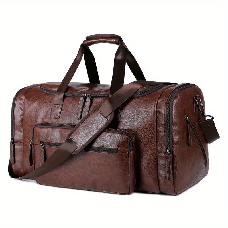 Brown leather duffel bag with multiple pockets and zippers on a white background