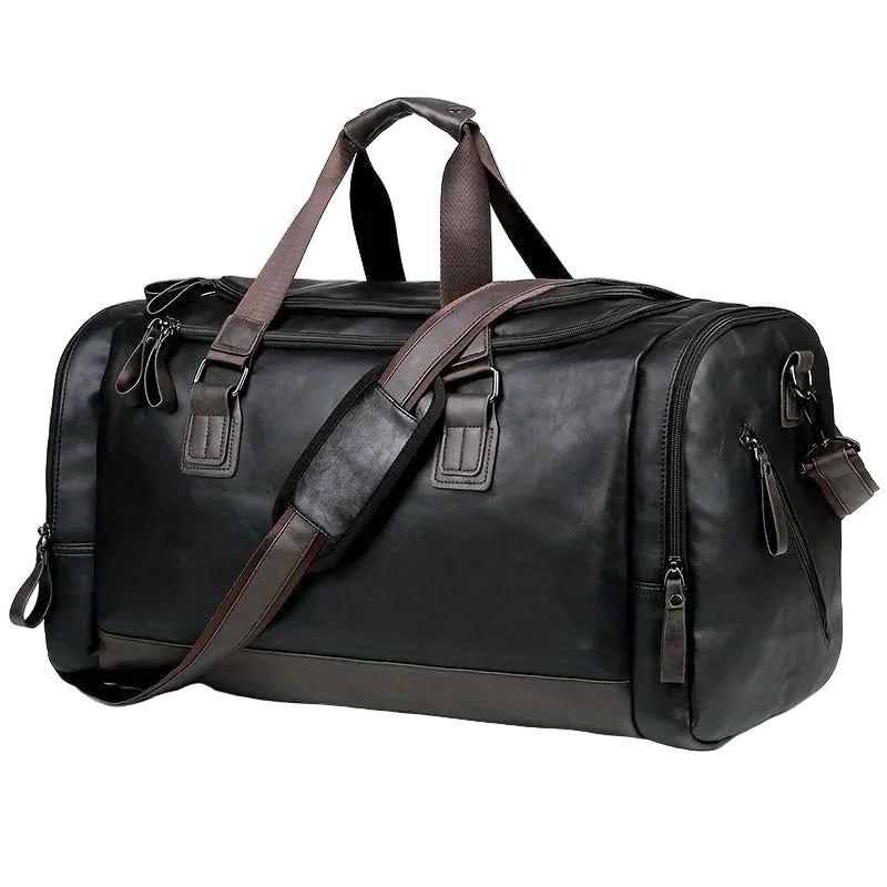 Black leather duffel bag with brown straps on a white background