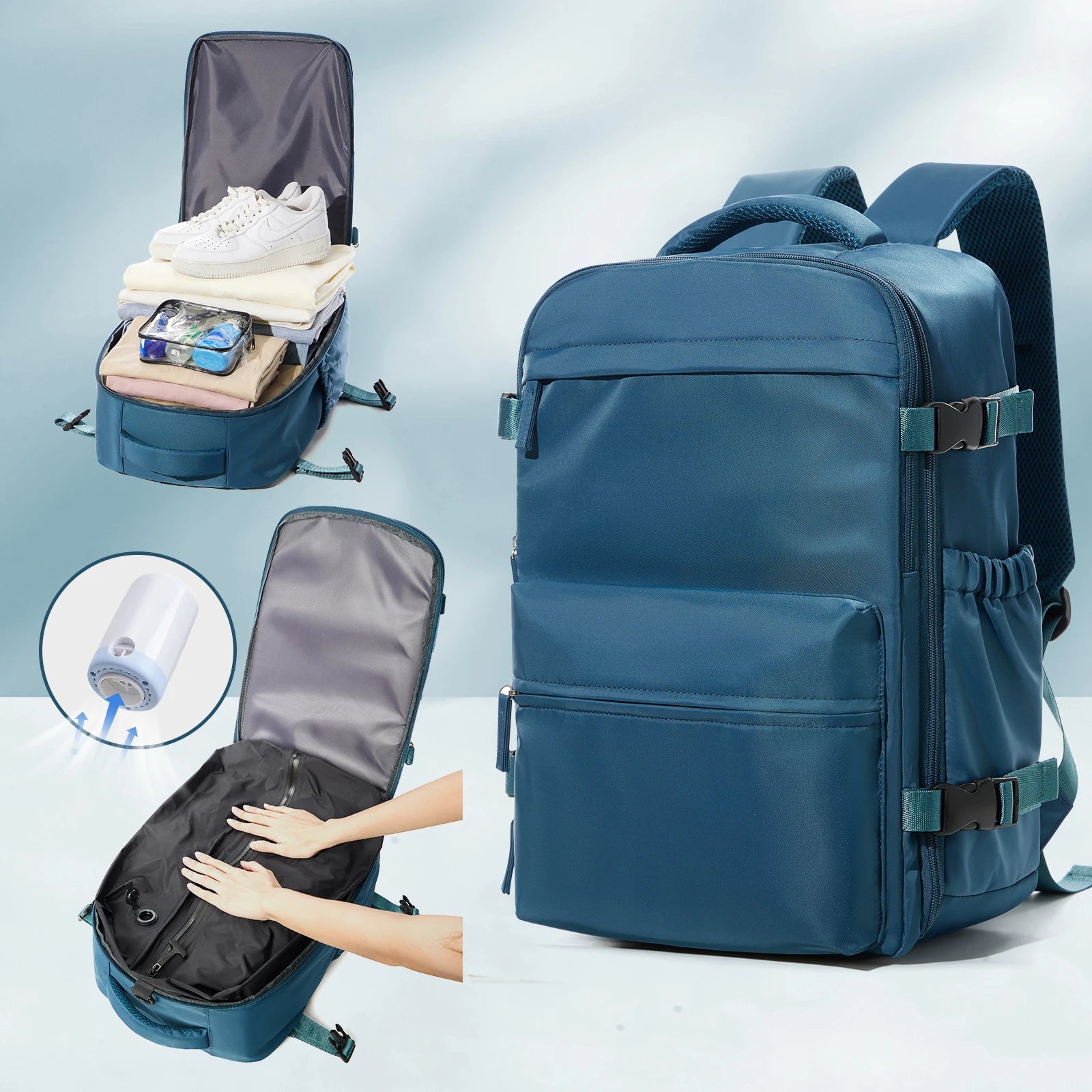 Blue backpack with open compartments and a hand reaching inside, on a light blue background.