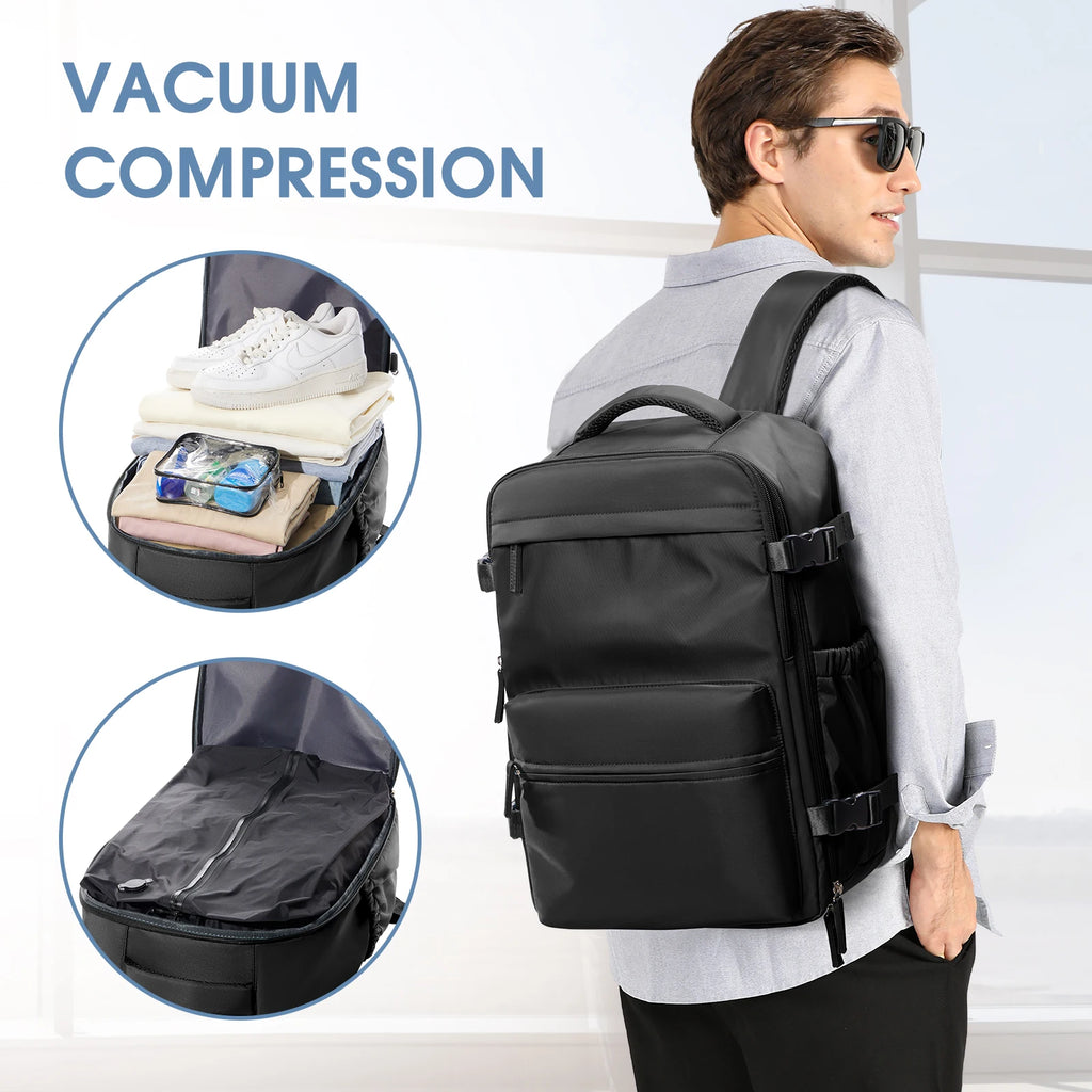 Man wearing a black backpack with vacuum compression feature, showing packed items inside.