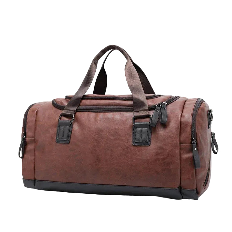Brown leather duffel bag with black accents on a light gray background, featuring the Caranfier brand.