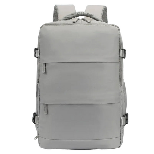 Gray backpack on a light blue background with promotional text.