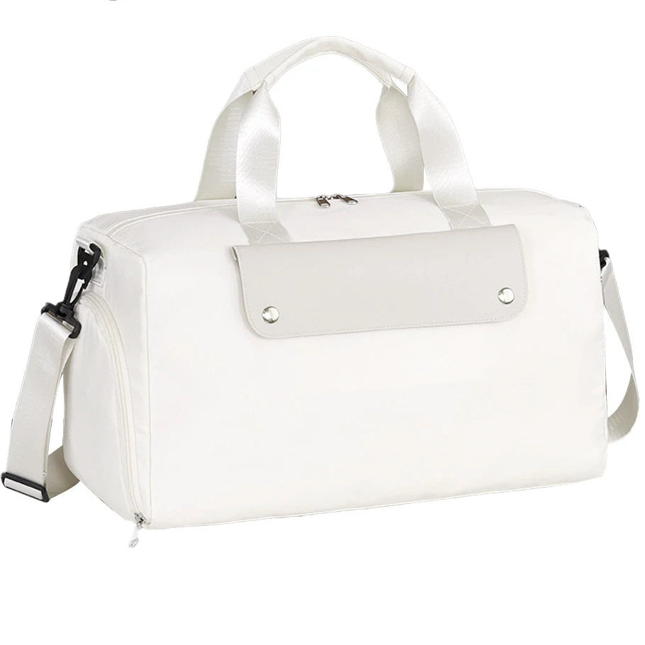 Beige duffel bag on a white background with '#Beige' text.