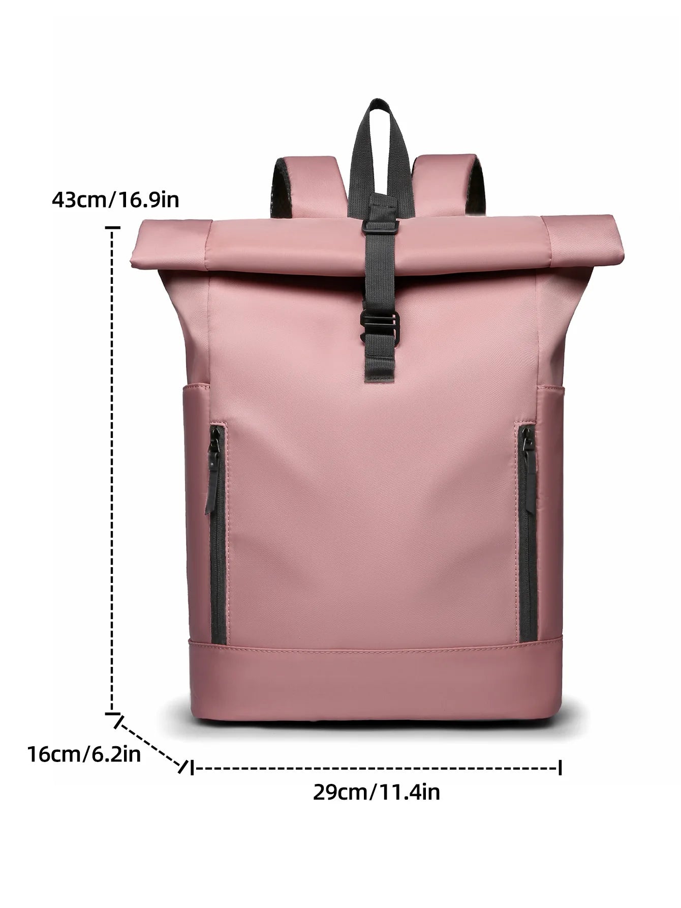 Pink roll-top backpack with measurements on a white background