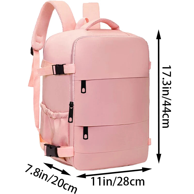 Pink backpack with measurements on a white background