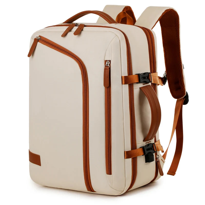 Beige backpack with brown straps on a white background