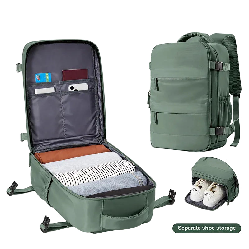 Green travel backpack with separate shoe storage compartment on a white background