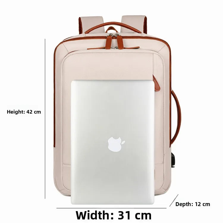 Beige backpack with dimensions displayed on a white background