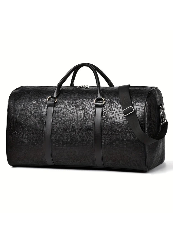Black leather duffel bag with crocodile texture on a white background