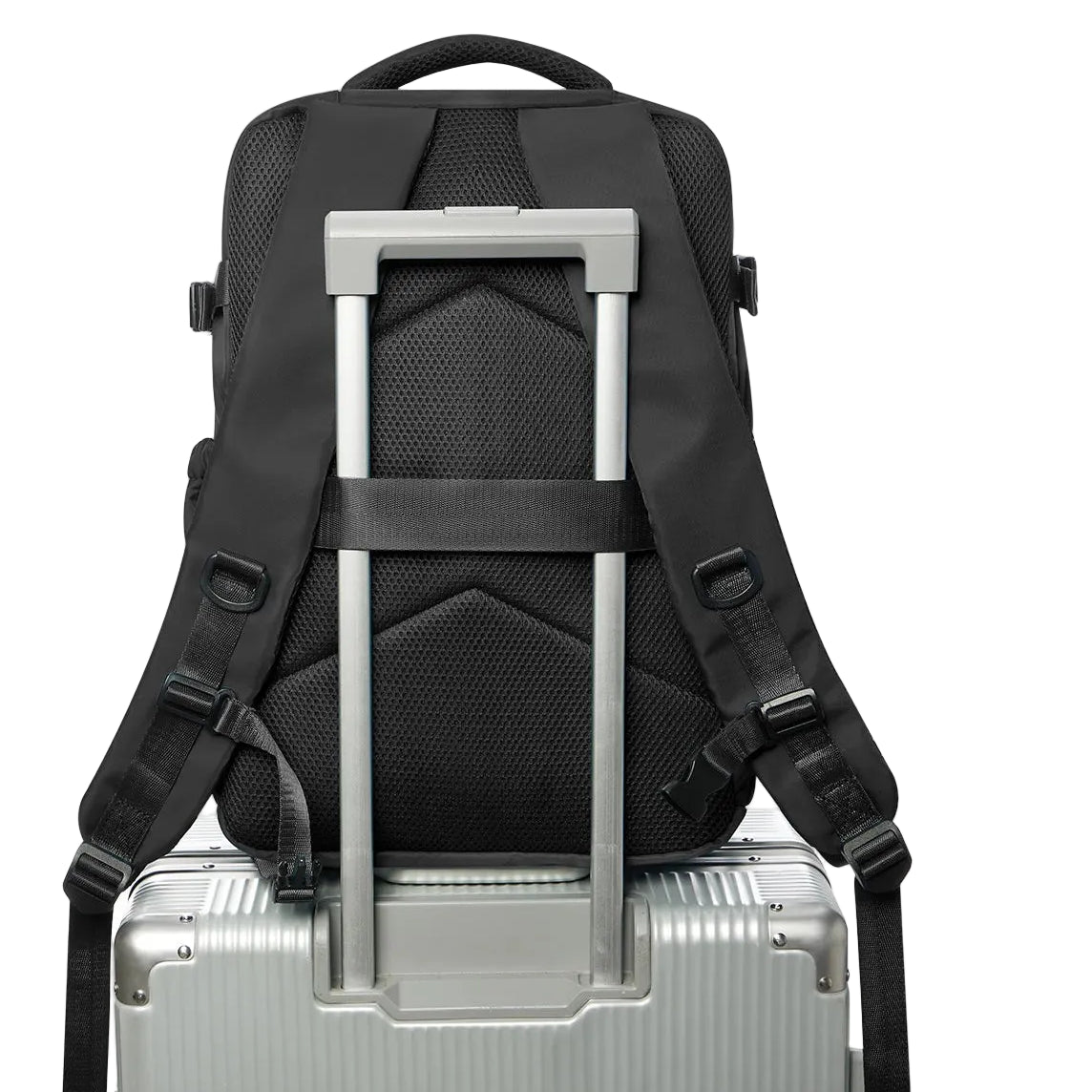 Collapsible trolley case with backpack straps on a suitcase, featuring text about its convenience for travel.