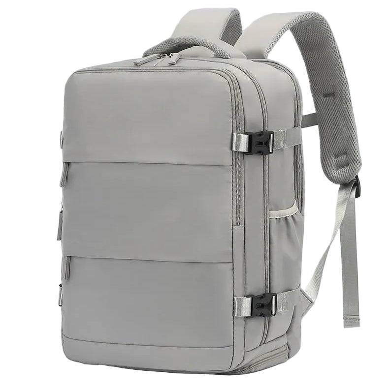 Gray backpack on a light blue background with text 'Trendy style. Campus partner'.