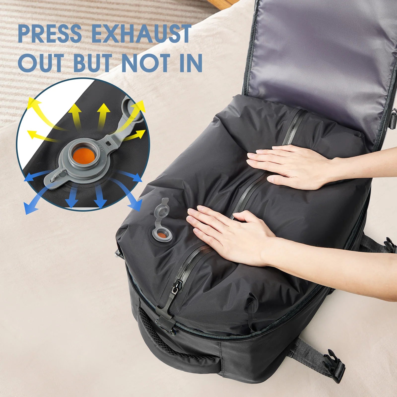 Person using a black compression bag with an inset diagram showing how to use it.
