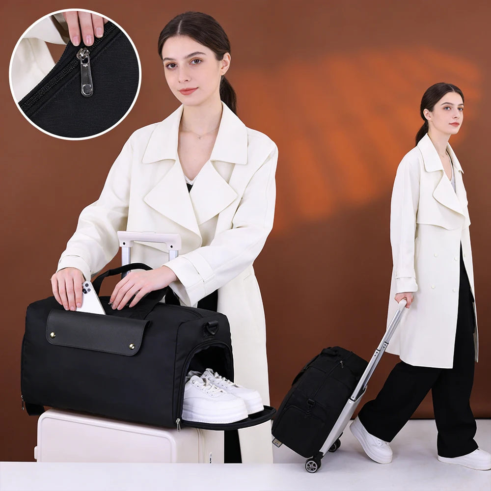 Woman with a black suitcase and duffel bag, with a close-up of a zipper.