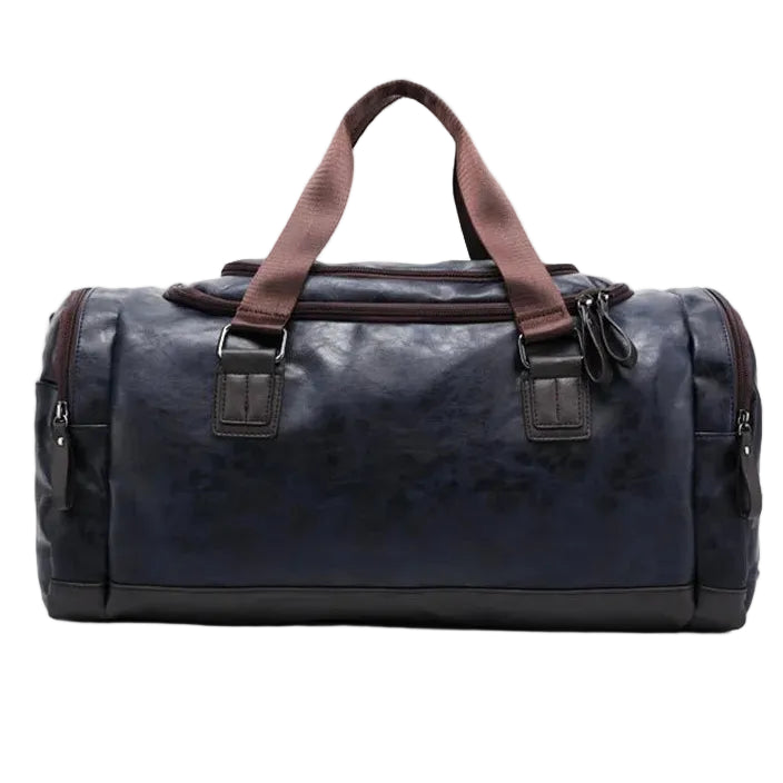 Black leather duffel bag with brown handles on a light gray background, 