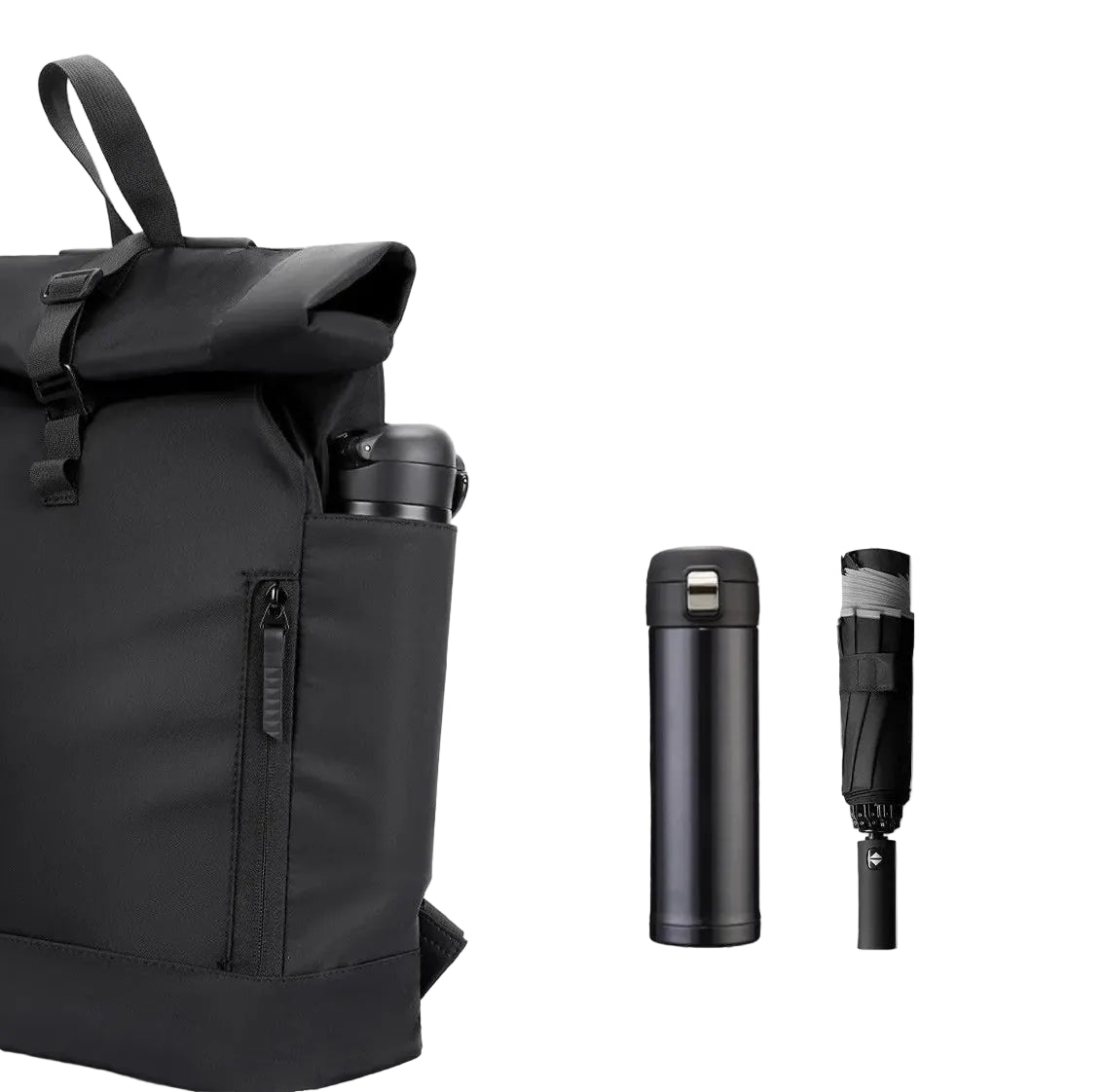 Black backpack with side-mounted water cup holder, thermos, and umbrella on a white background