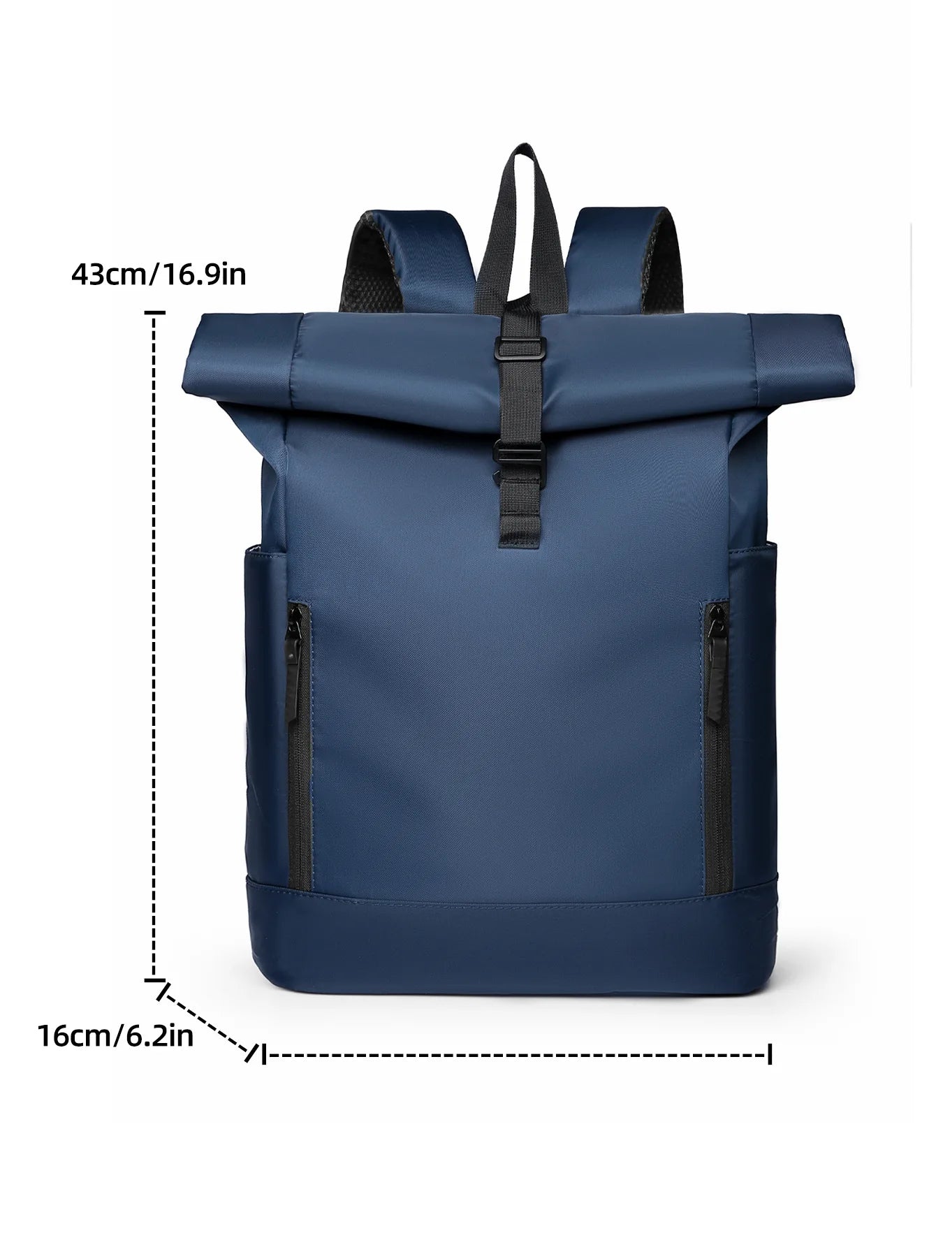 Blue backpack with black straps and measurements on a white background