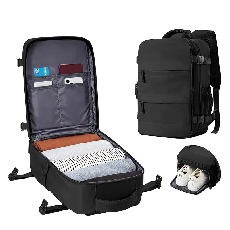 Black travel backpack with separate shoe storage compartment on a white background