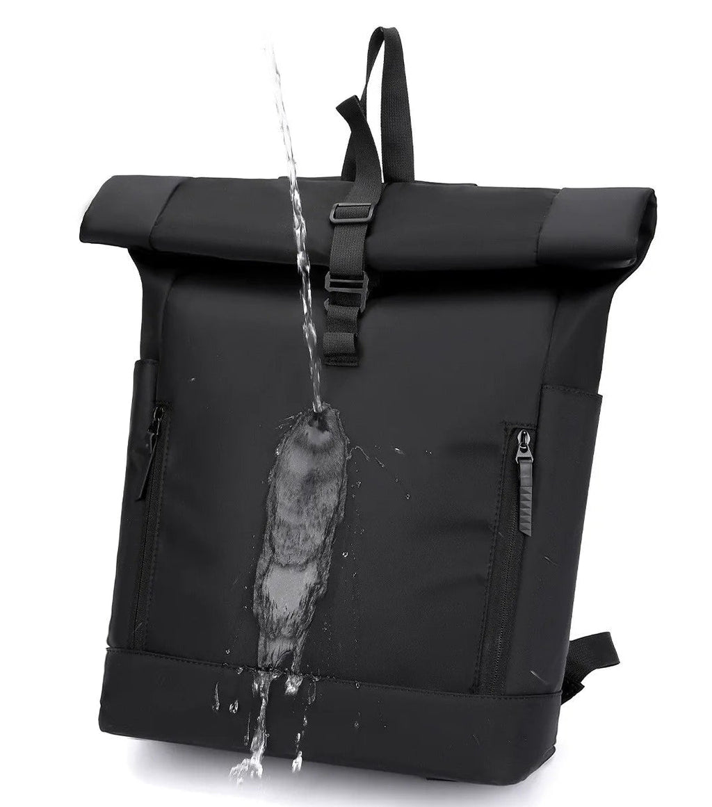 Black backpack with water being poured on it, text about water repellency, and feature labels.