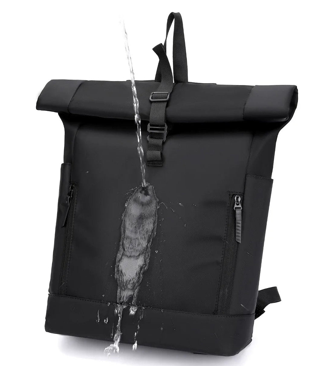Black backpack with water being poured on it, text about water repellency, and feature labels.