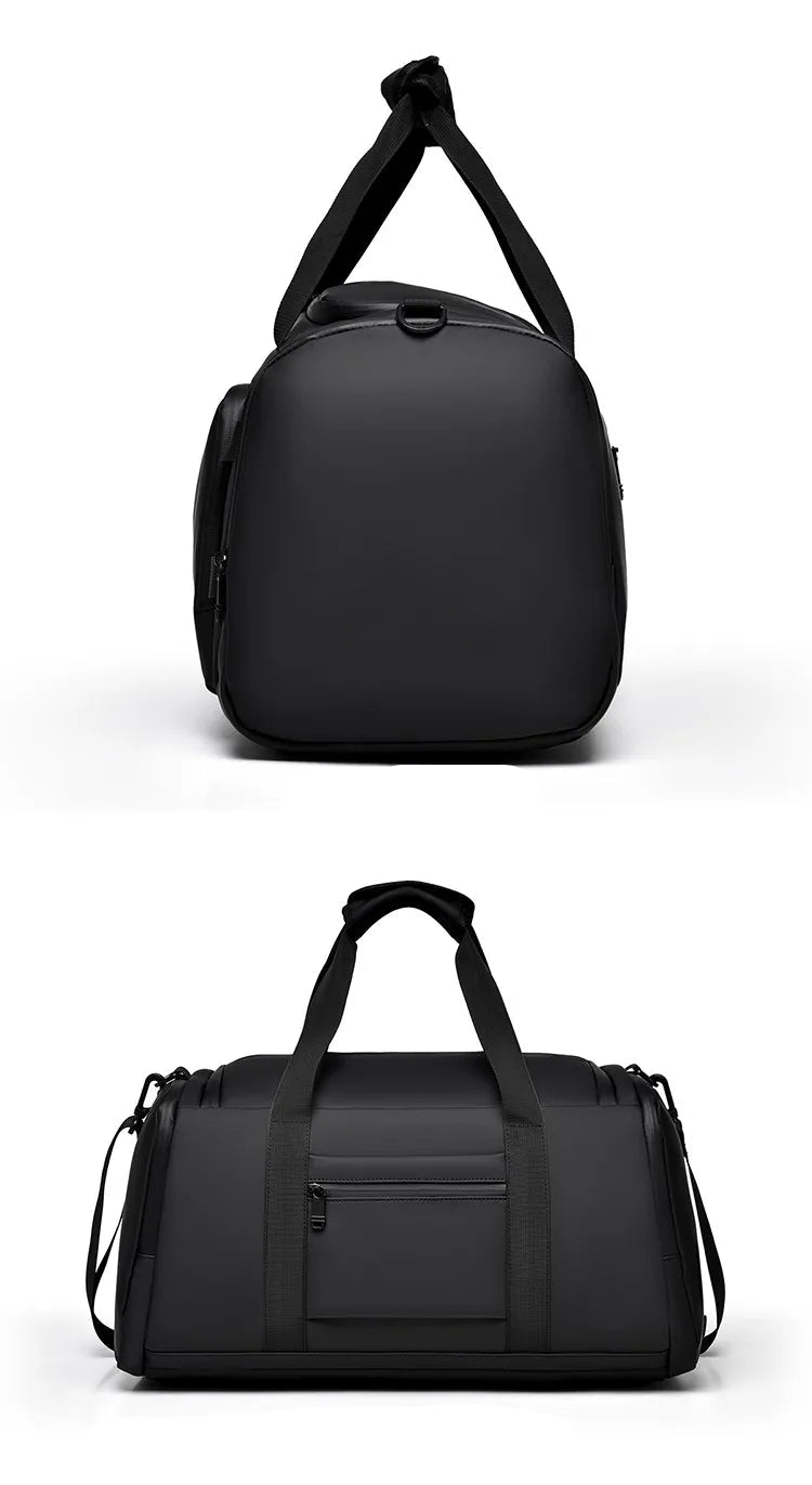 Black duffel bag shown from side and back views on a white background